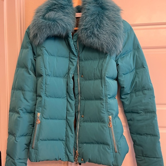Versace Turquoise Puffer Jacket with Faux Fur - Picture 1 of 12